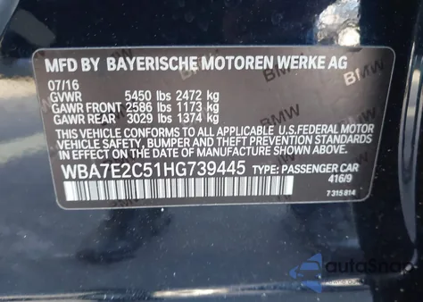 2017 BMW 740I z USA, uszkodzony, nr VIN WBA7E2C51HG739445